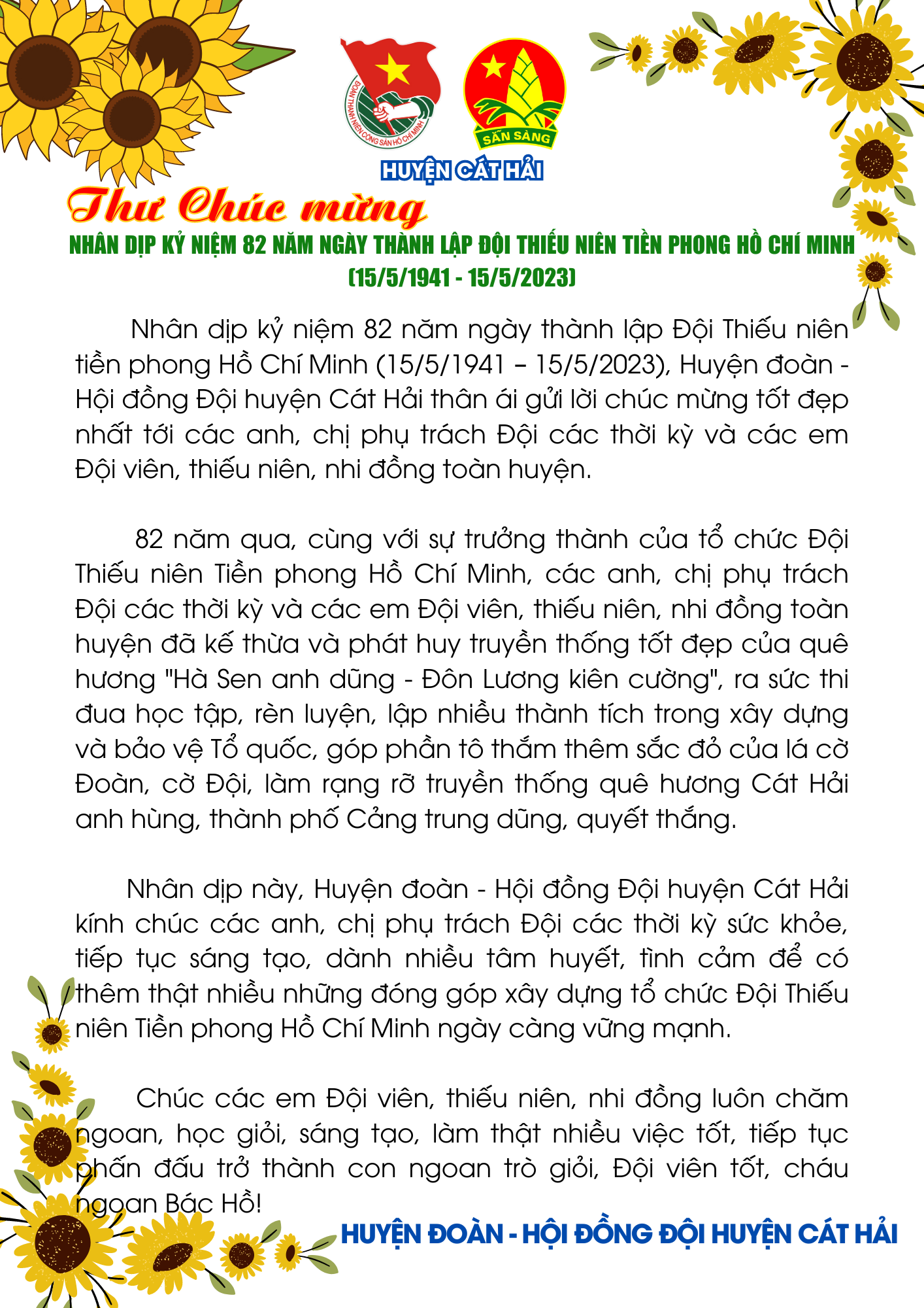 THƯ CHÚC MỪNG NHÂN DỊP KỶ NIỆM 82 NĂM NGÀY THÀNH LẬP ĐỘI THIẾU NIÊN TIỀN PHONG HỒ CHÍ MINH (15/5/1941 - 15/5/2023)