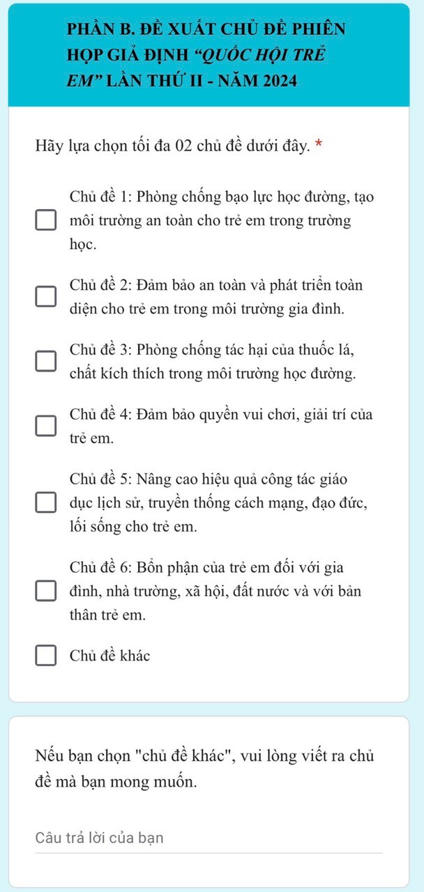 HỘI NGHỊ LẤY Ý KIẾN TRẺ EM VỀ CHỦ ĐỀ PHIÊN HỌP GIẢ ĐỊNH QUỐC HỘI TRẺ EM
